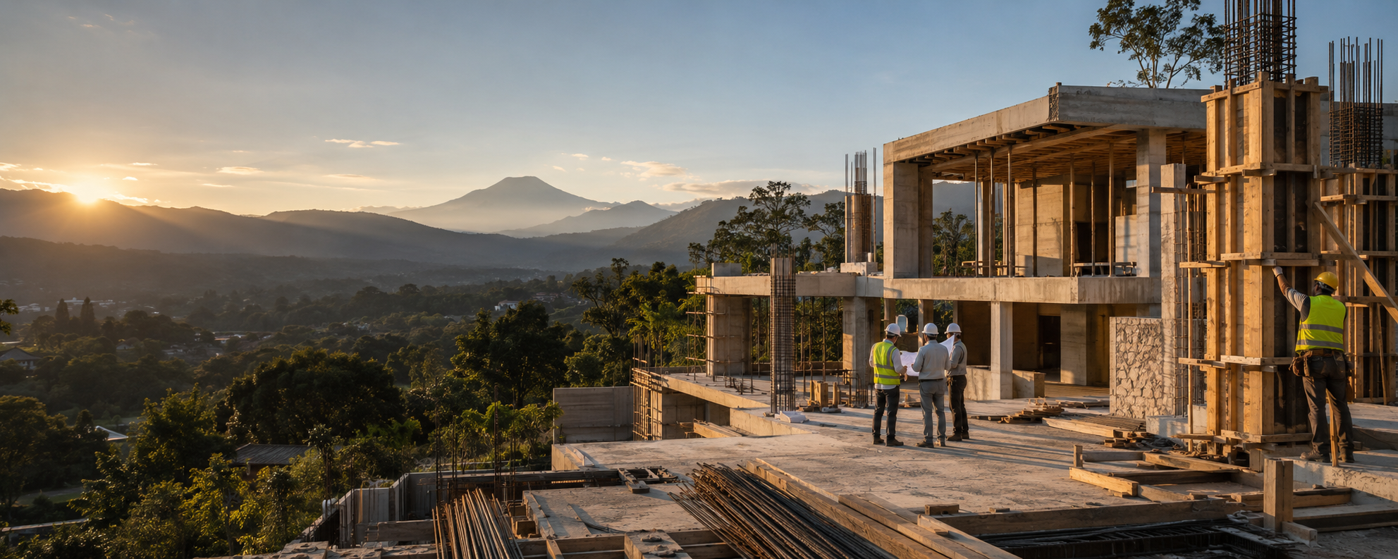 Proyecto residencial en construcción frente a las montañas de Guatemala